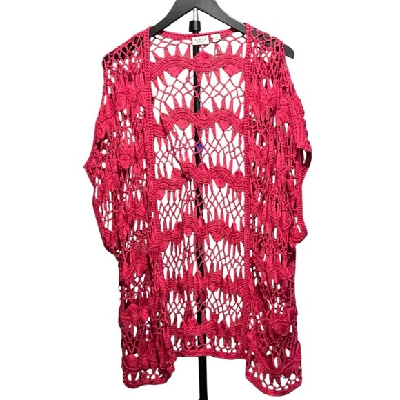 Cato Sweaters - Cato Woman 22/24W Hot Pink Crochet Knit Open Front Cardigan Plus Size Boho